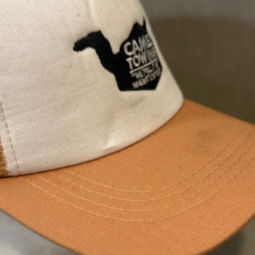 Camel Towing Funny Trucker Hat Tan White Mesh Snapback Novelty Cap